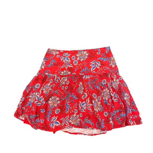 Etam Mini Skirt Women's S Red Blue Floral Print Lined Ruffle Hem High Waisted