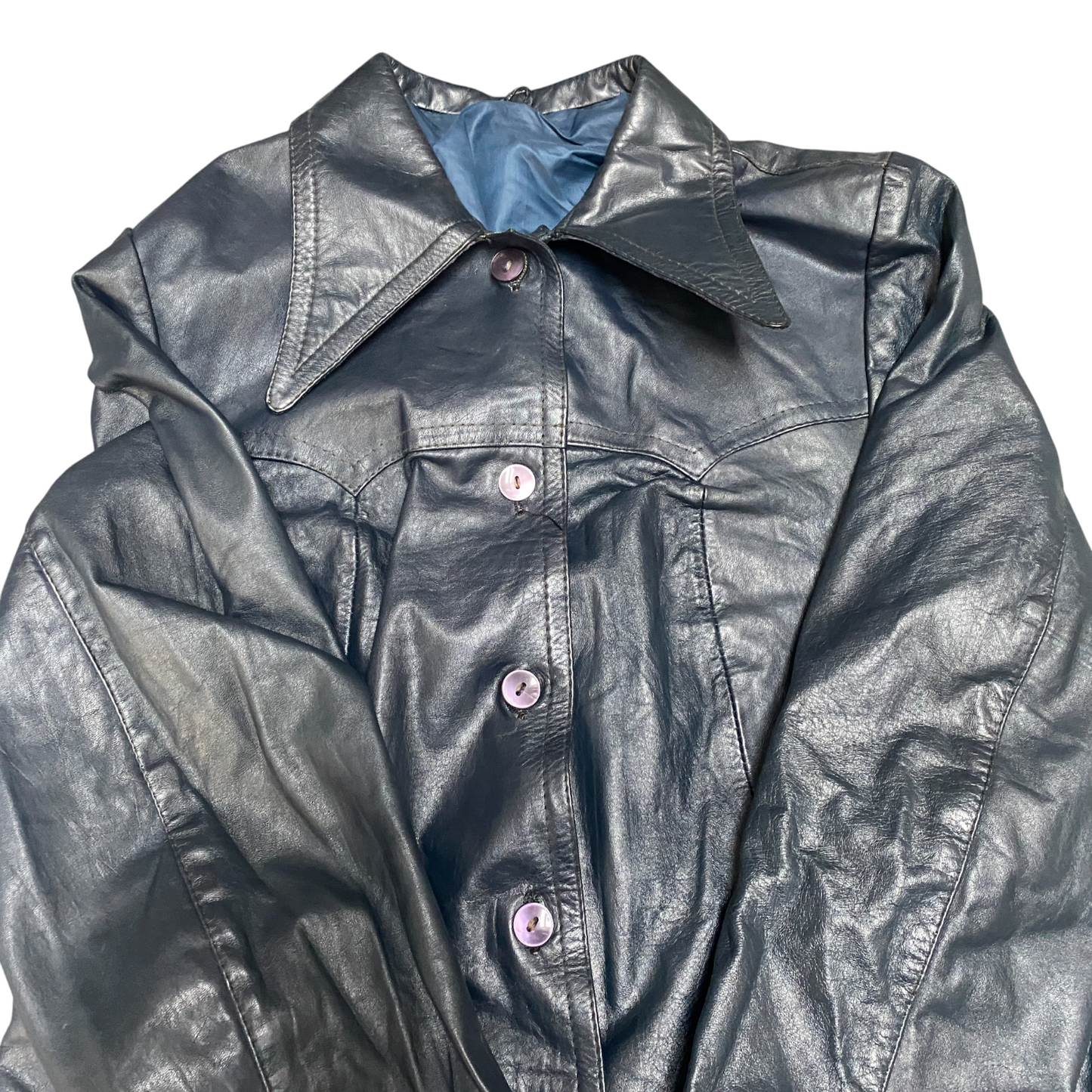 Womens Leather Blazer Jacket Medium Navy Lined Long Sleeve Collared Button Front