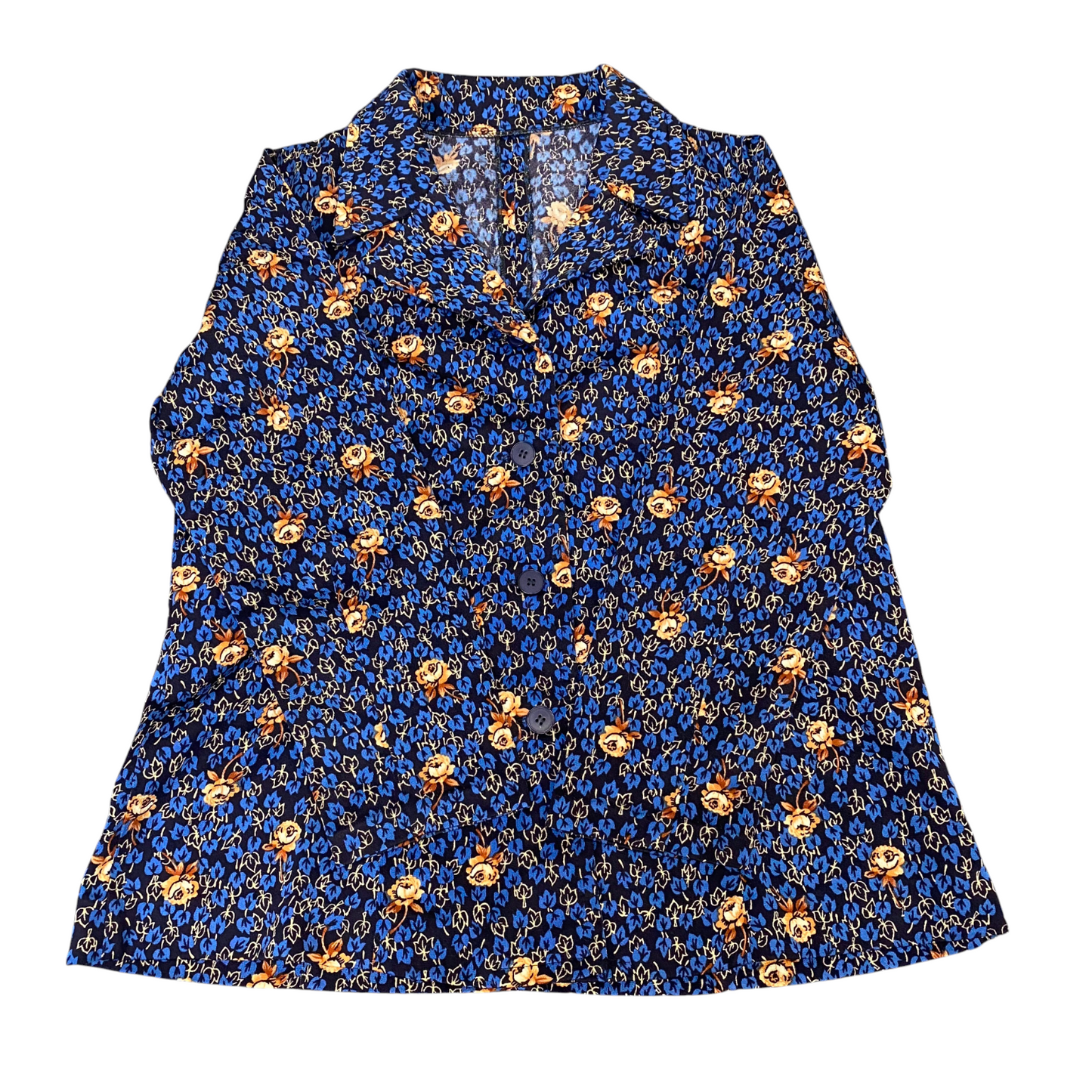 Shirt Top Womens M Blue Yellow Floral Casual Long Sleeve Collared Button Down