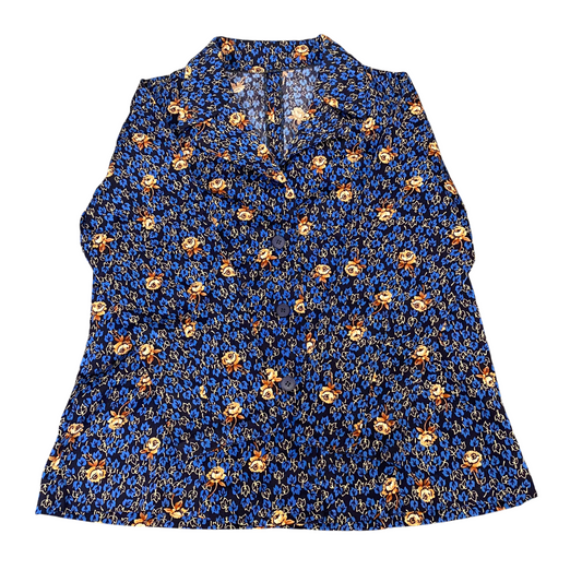 Shirt Top Womens M Blue Yellow Floral Casual Long Sleeve Collared Button Down