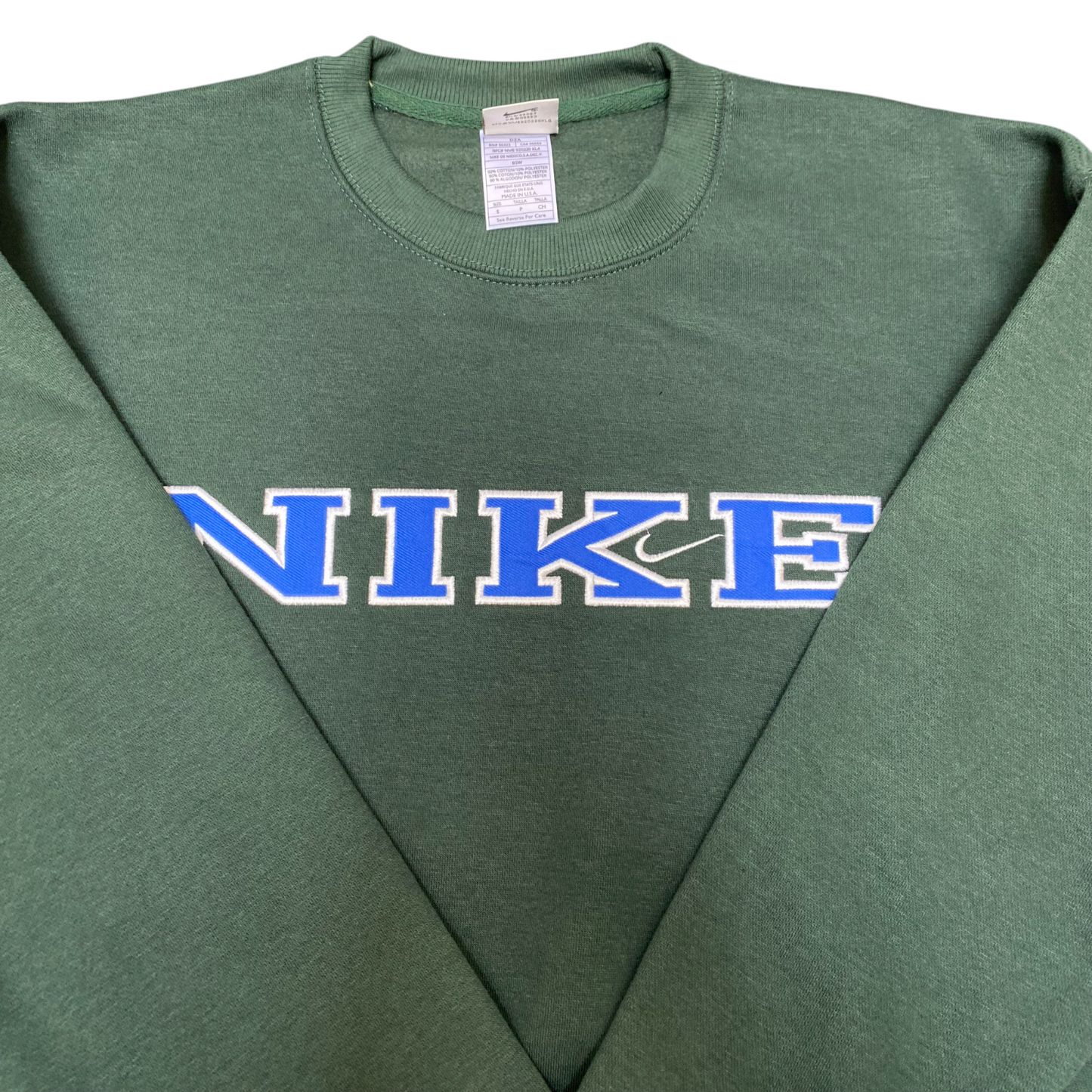 Nike Reworked Sweatshirt Mens S Green Embroidered Spellout Logo Long Sleeve