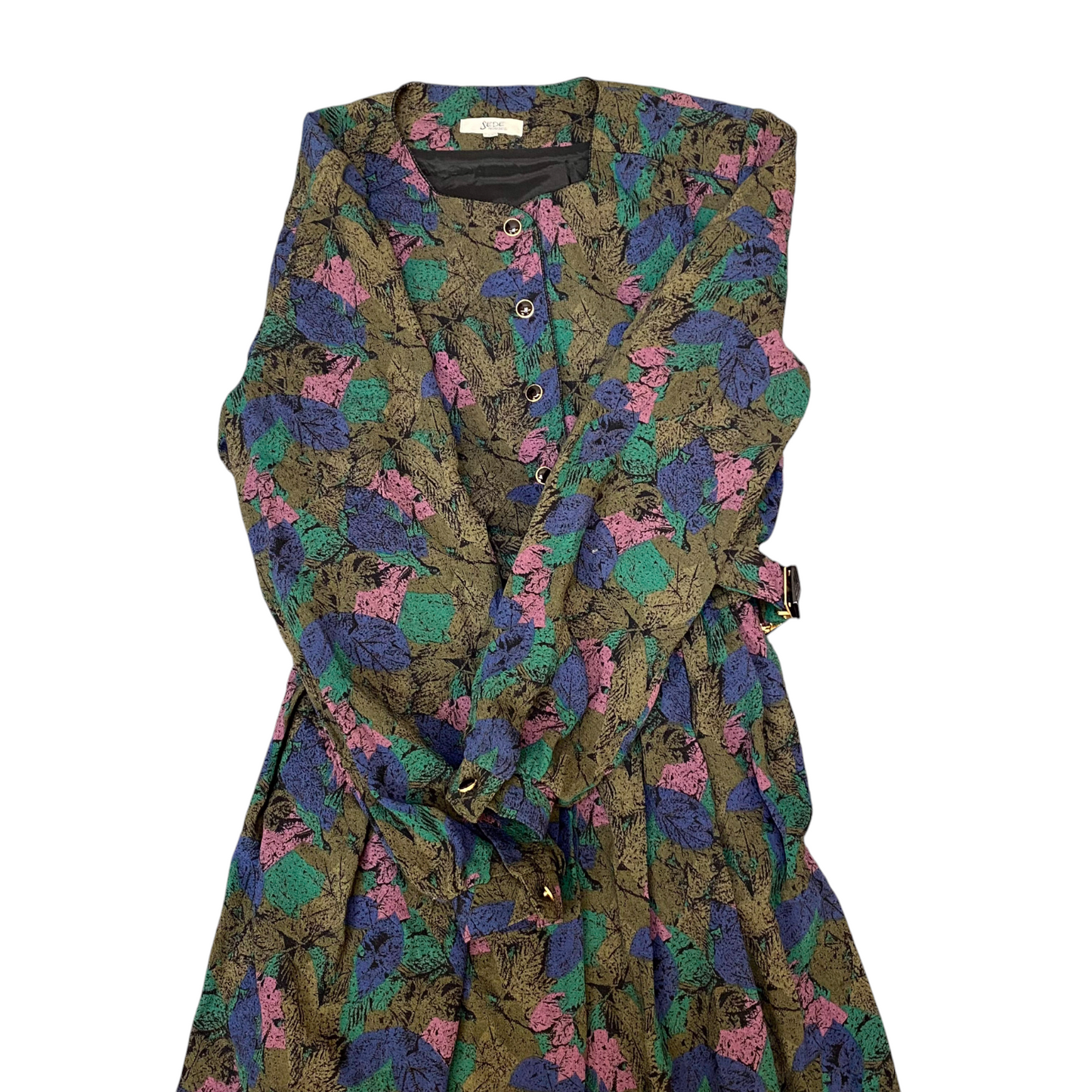 Sede Houses Maxi Dress Womens S Green Floral Square Neck Button Front Pleated