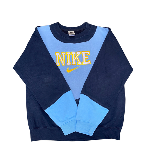 Nike Reworked Sweatshirt Mens Medium Blue Embroidered Spell Out Logo Crew Neck