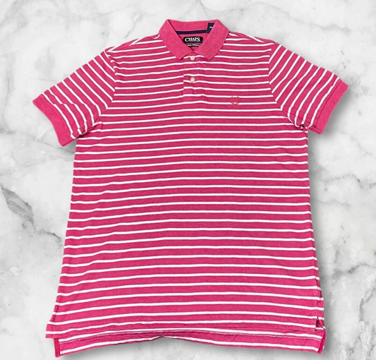 Chaps Polo Shirt Mens Medium Pink Striped Stretch Golf Performance High Low Slit