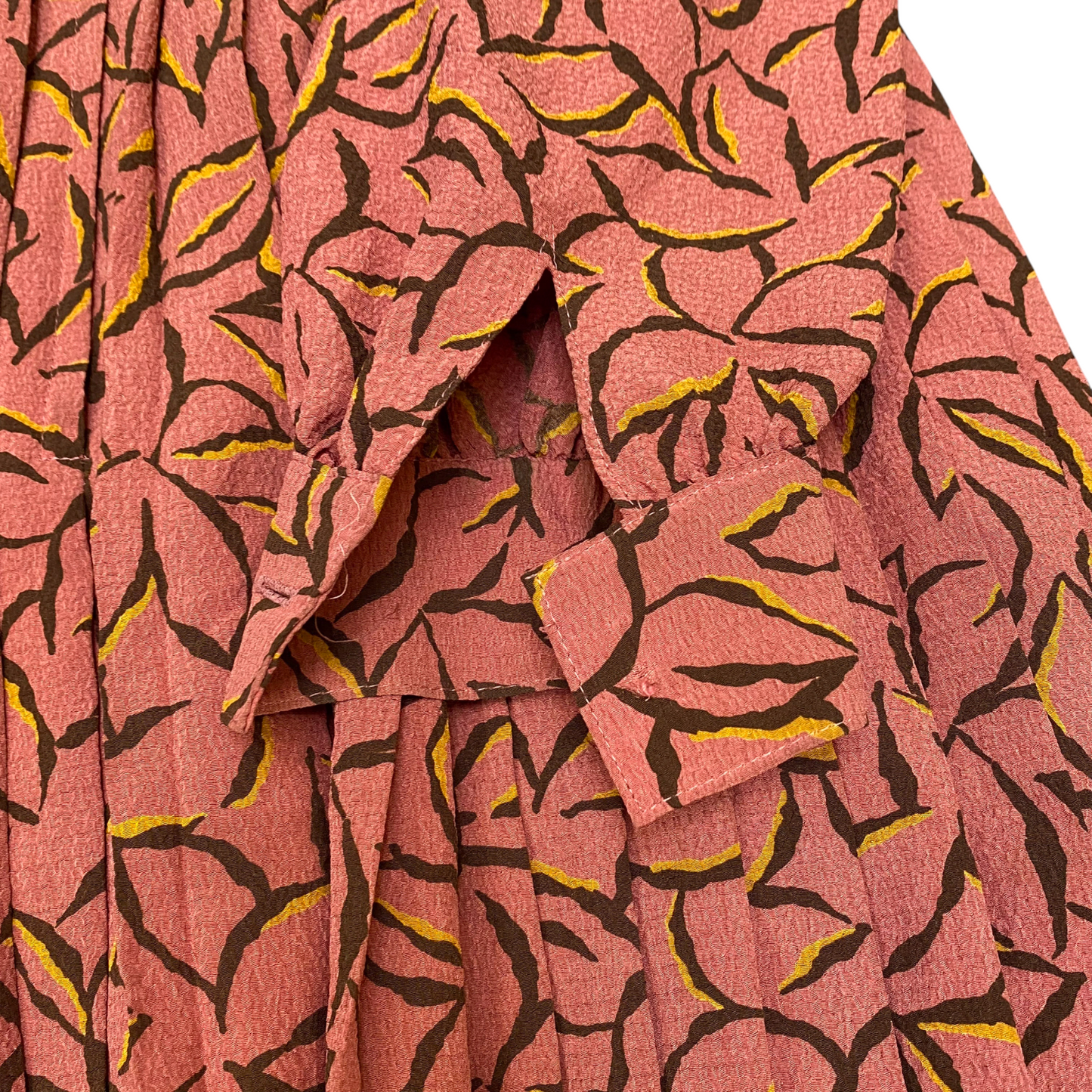 Womens Maxi Dress S Pink Geometric Pleated Ruffle Trim Long Sleeve Button Front