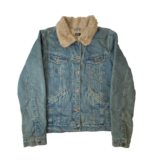 Saix Trucker Jacket Womens Small Blue Faux Shearling Lined Collared Button Front