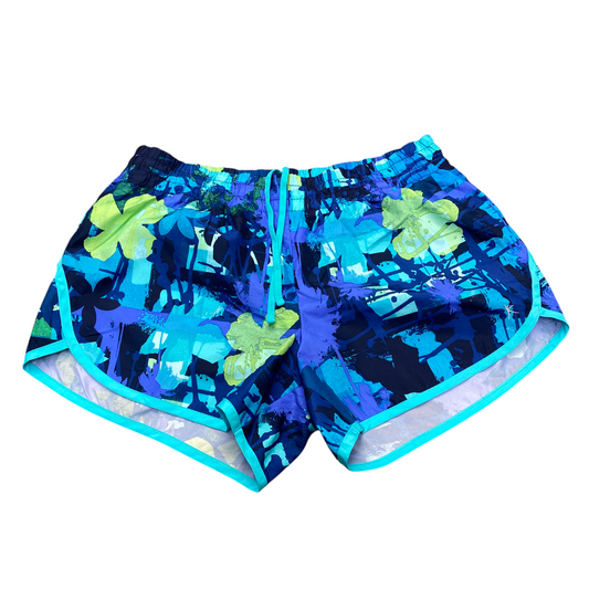 Running Sprinter Shorts Womens L Blue Floral Elastic Waist Drawstring Athletic