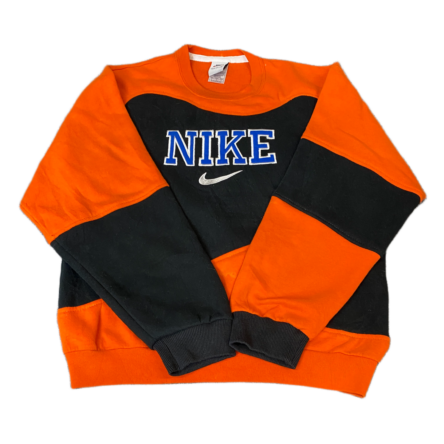 Nike Reworked Sweatshirt Mens S Orange Black Embroidered Spellout Logo Vtg Y2K