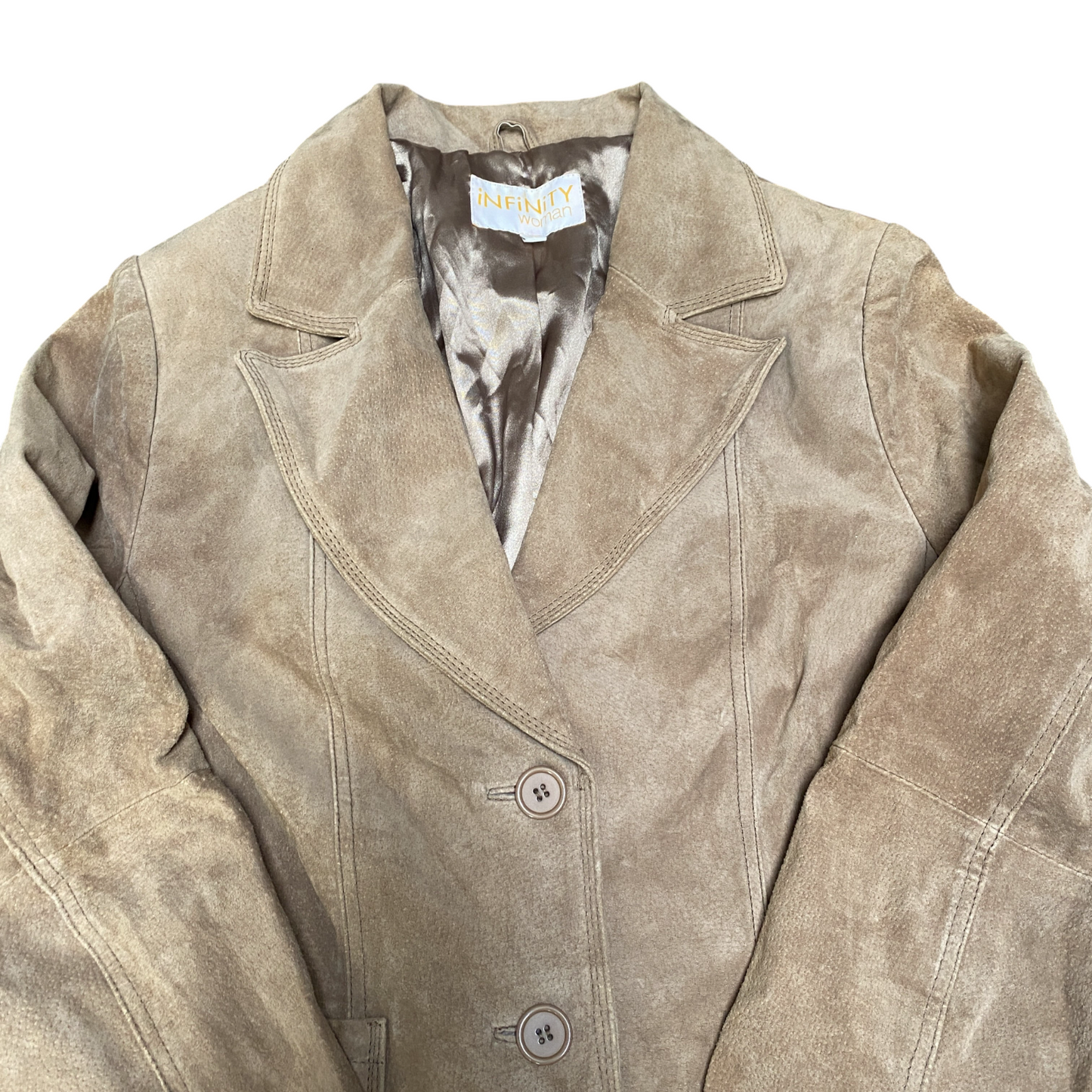 Infinity Suede Leather Blazer Jacket Womens L Beige Notch Lapel Single Breasted