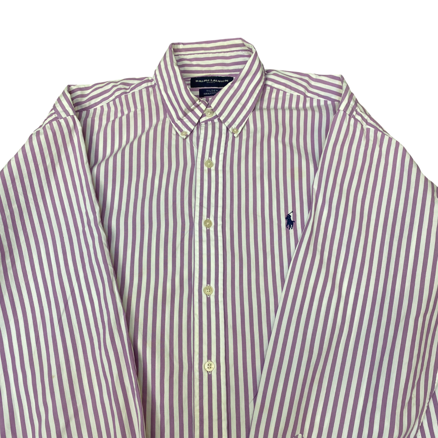 Ralph Lauren Golf Shirt Mens L Purple White Striped Tilden Long Sleeve Button Up