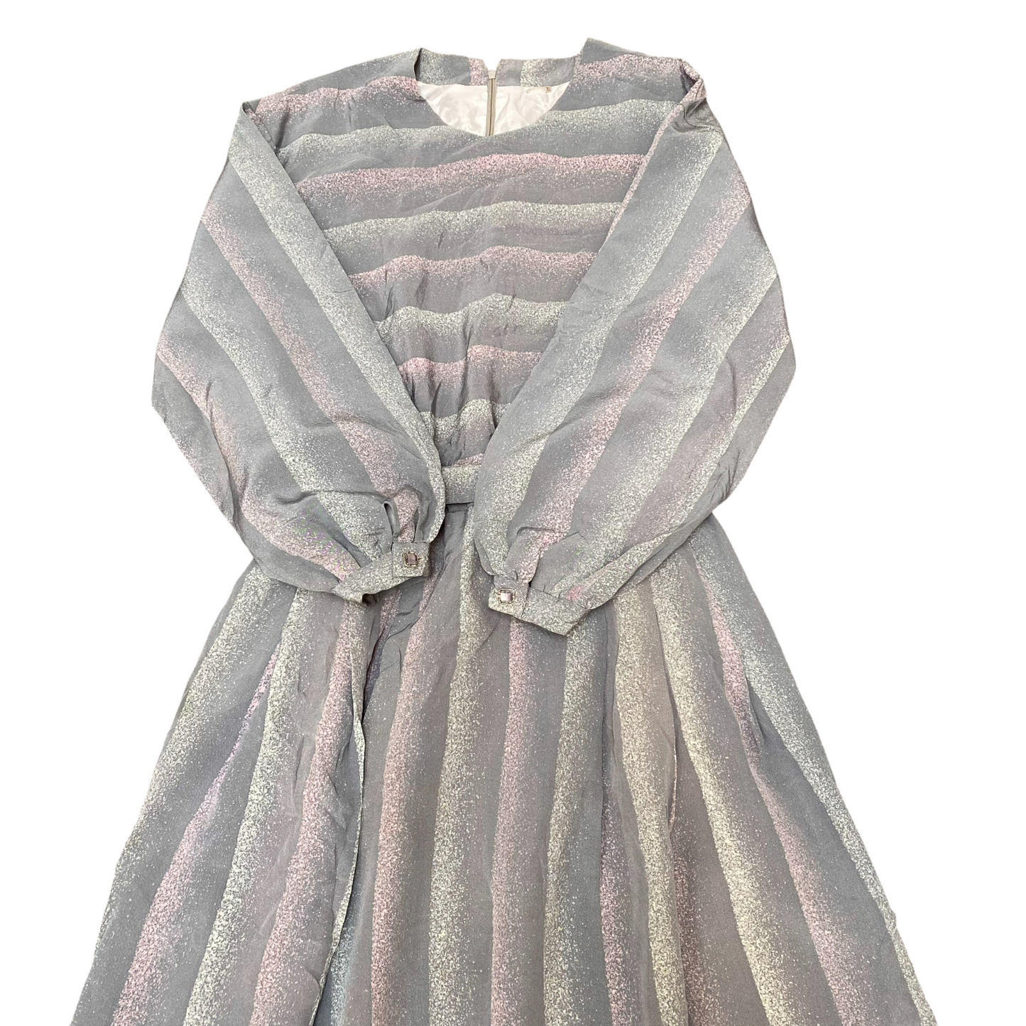 Long Maxi Dress Womens S Grey Striped Belted Balloon Sleeve Round Neck Back Zip