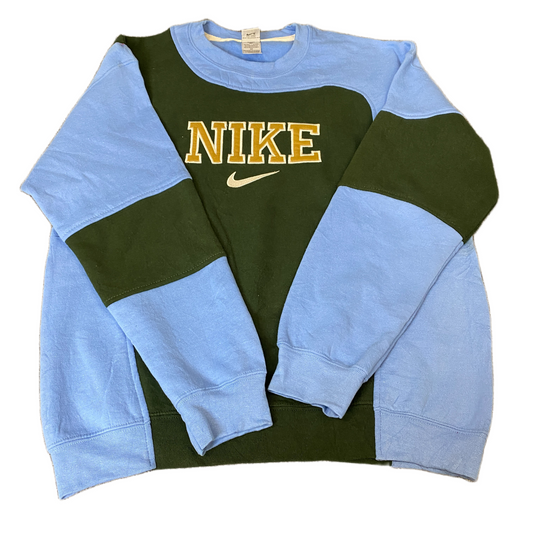 Nike Reworked Sweatshirt Mens L Blue Green Embroidered Spellout Logo Vintage Y2K