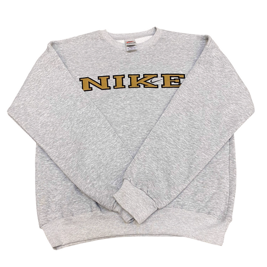 Nike Reworked Sweatshirt Mens Small Grey Embroidered Spellout Logo Crew Neck