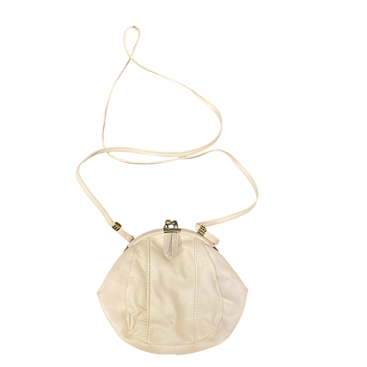 Vintage Womens Crossbody Bag Beige Leather Classic Thin Strap Kisslock Closure