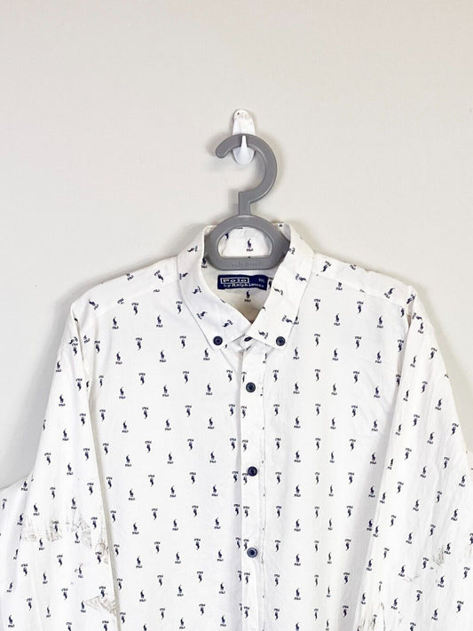 Ralph Lauren Shirt Mens 2XL White Allover Small Blue Polo Pony Logo Button Down