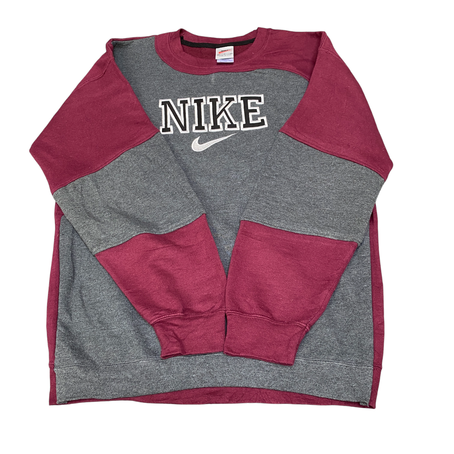 Nike Reworked Sweatshirt Men M Maroon Grey Embroidered Spellout Logo Vintage Y2K