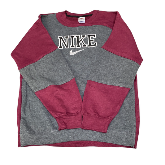 Nike Reworked Sweatshirt Men M Maroon Grey Embroidered Spellout Logo Vintage Y2K