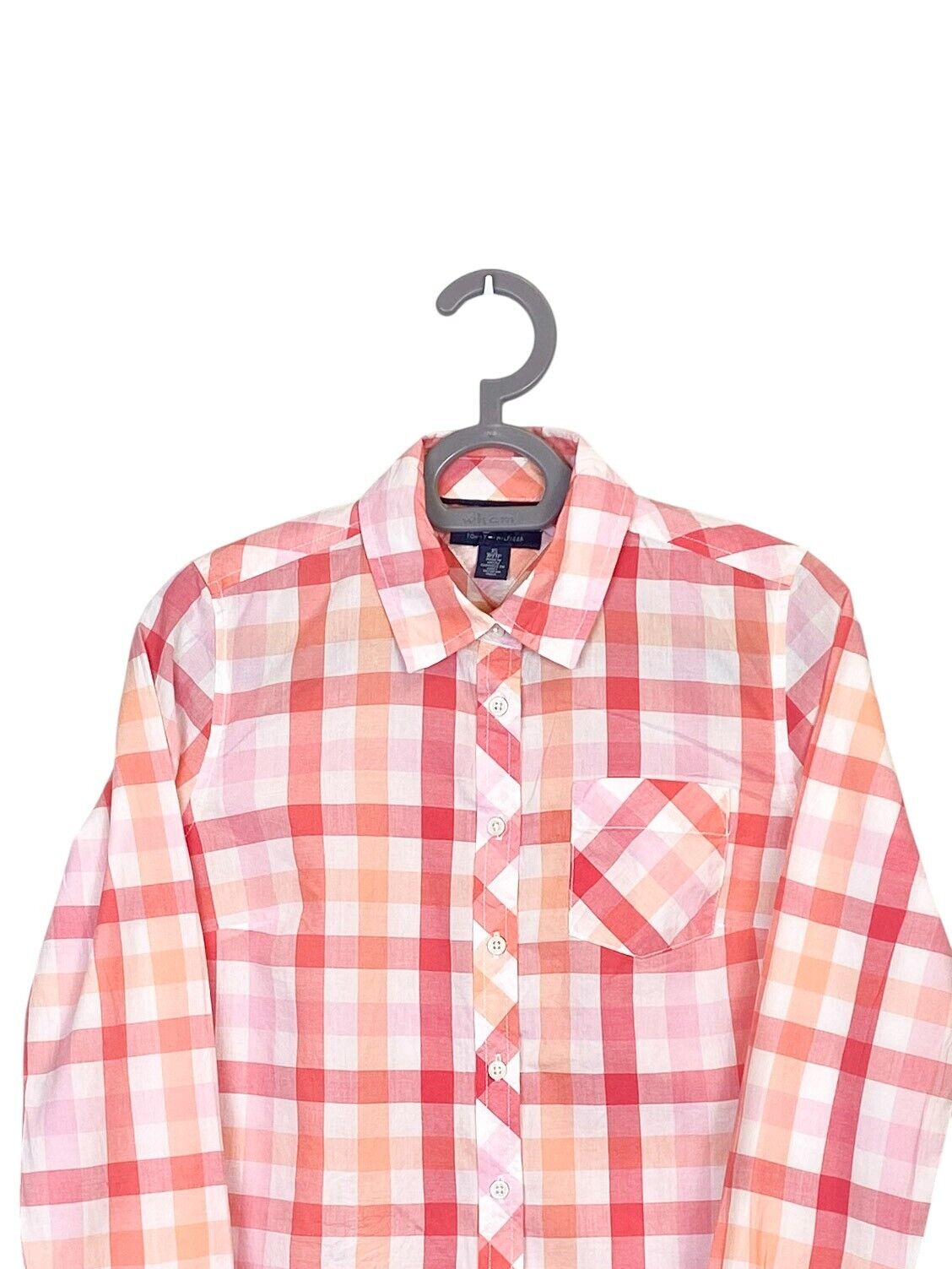 Tommy Hilfiger Shirt Women XS Pink Check Single Chest Pocket Collar Button Down