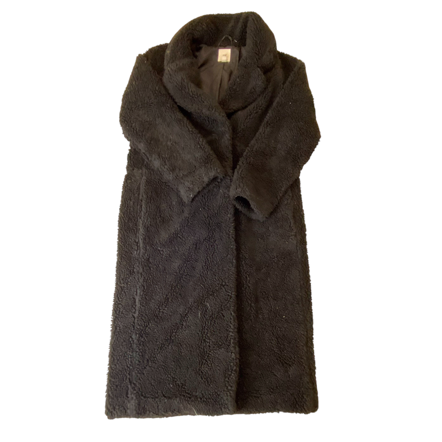 H&M Trench Coat Womens Medium Black Sherpa Fleece Notch Colla Warm Open Front