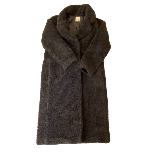 H&M Trench Coat Womens Medium Black Sherpa Fleece Notch Colla Warm Open Front