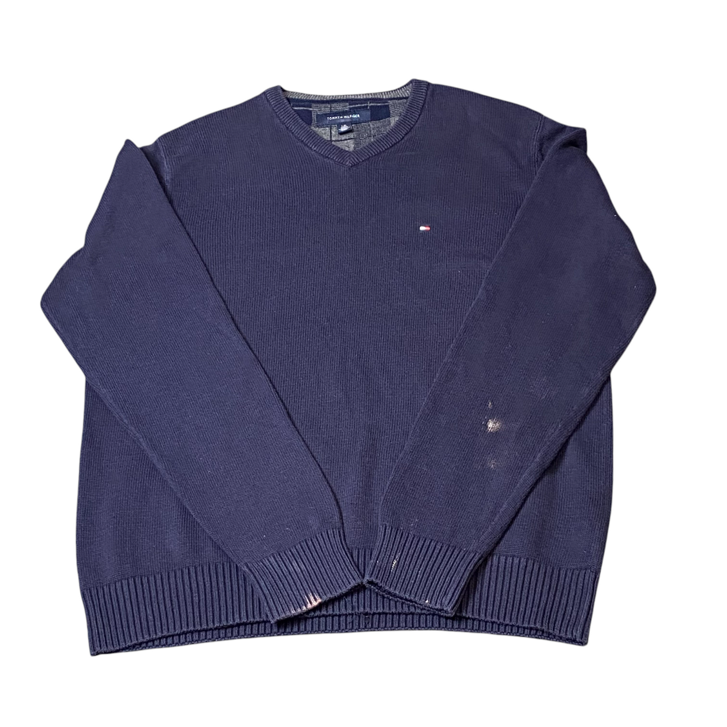 Tommy Hilfiger Jumper Mens L Blue Long Sleeve Ribbed Hem & Cuff V-Neck Pullover