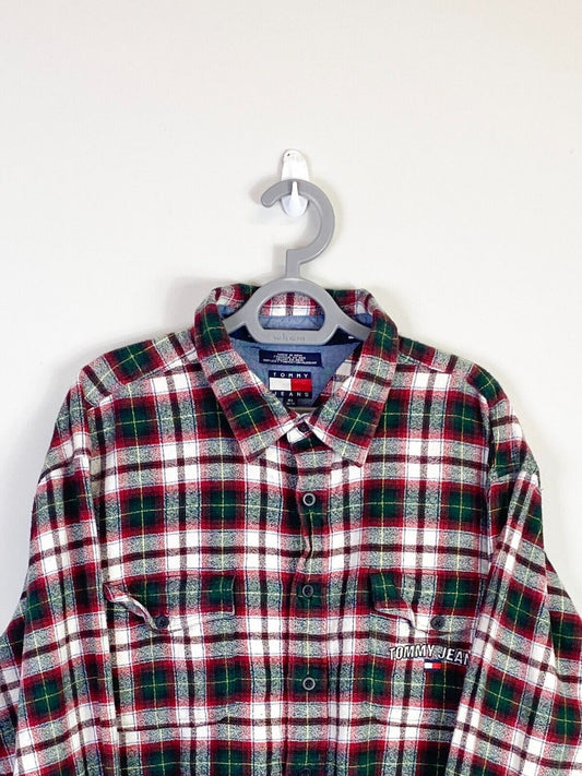 Tommy Hilfiger Shirt Men XL Red Plaid Spellout Logo Detailed Pockets Button Down