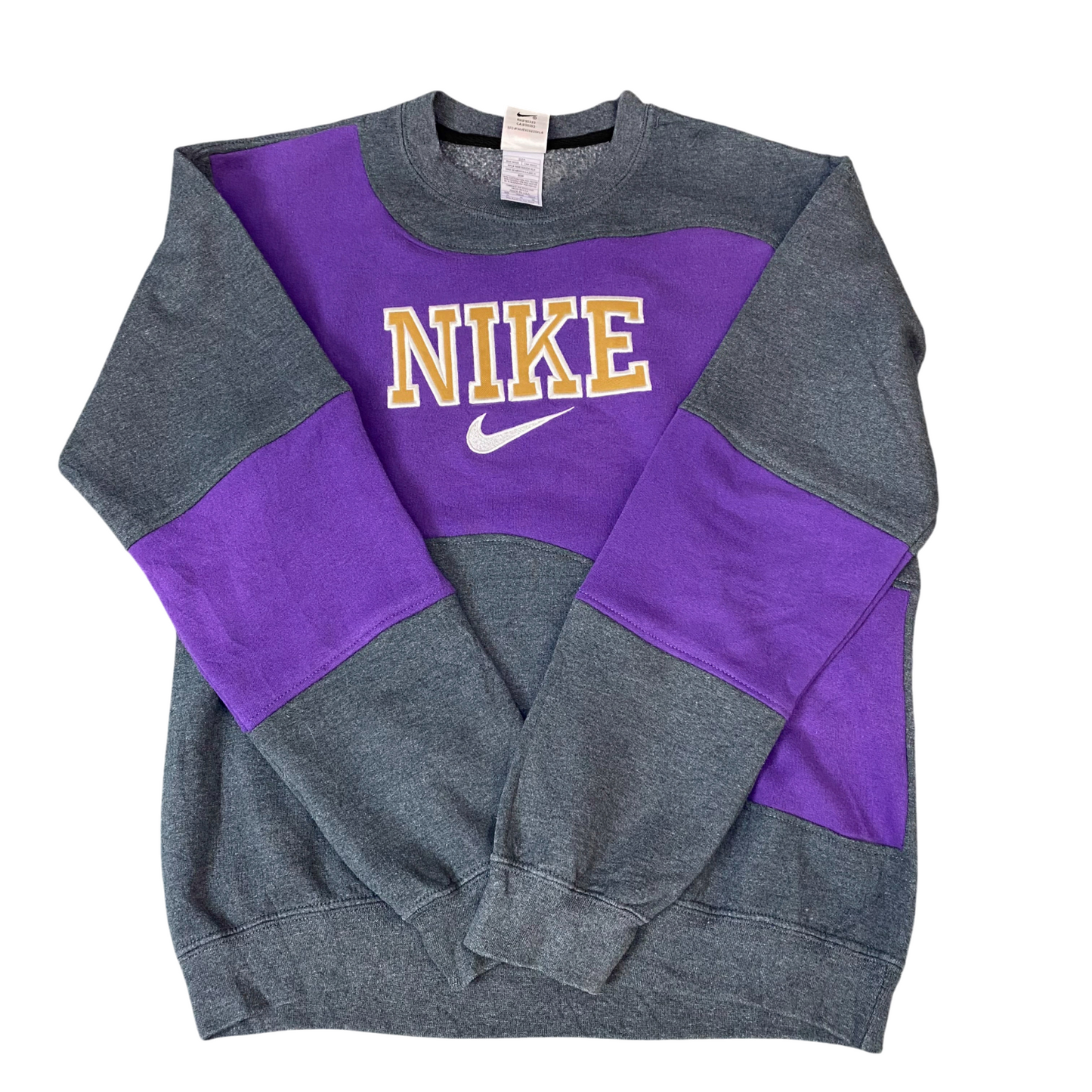 Nike Reworked Sweatshirt Mens Medium Grey Purple Embroidered Spell Out Logo Y2K
