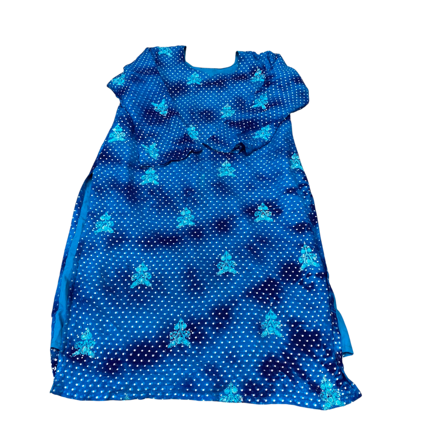 Womens Maxi Dress L Blue Polka Dot Satin Embroidered Lined Long Sleeve V Neck