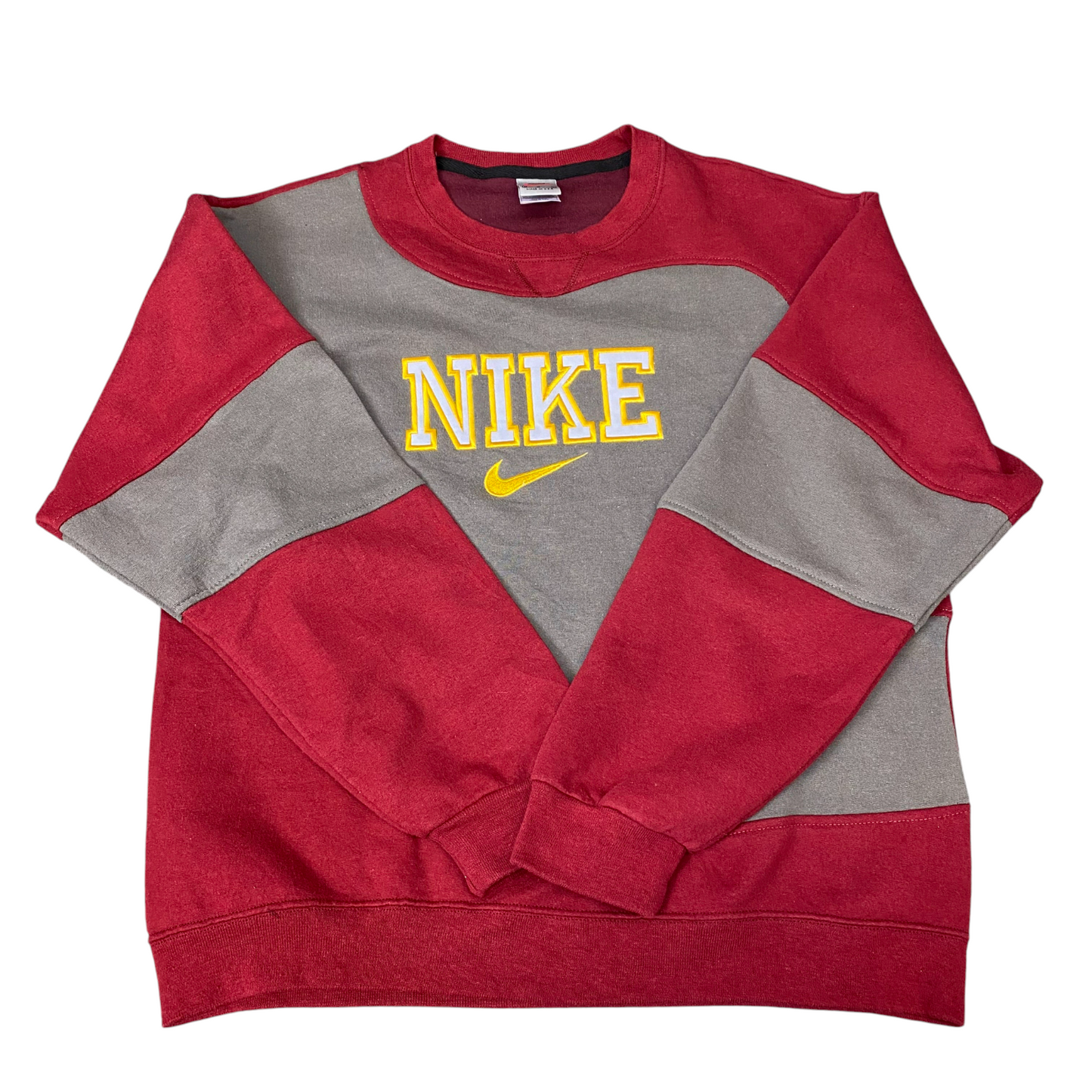 Nike Reworked Sweatshirt Mens M Red Grey Embroidered Spellout Logo Vintage Y2K