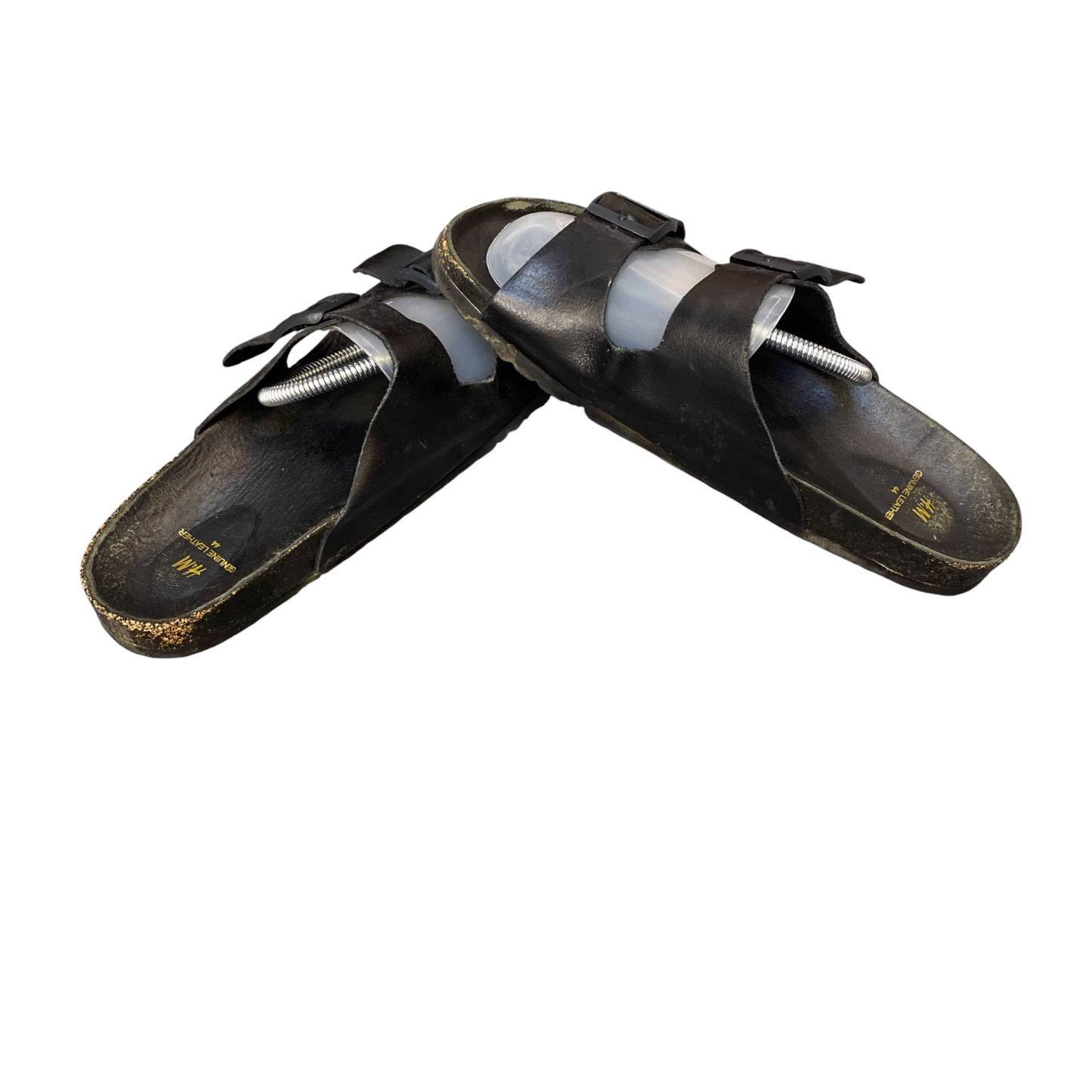H&M Slide Sandals Mens UK 9.5 Black Genuine Leather Dual Buckle Strap Slip On