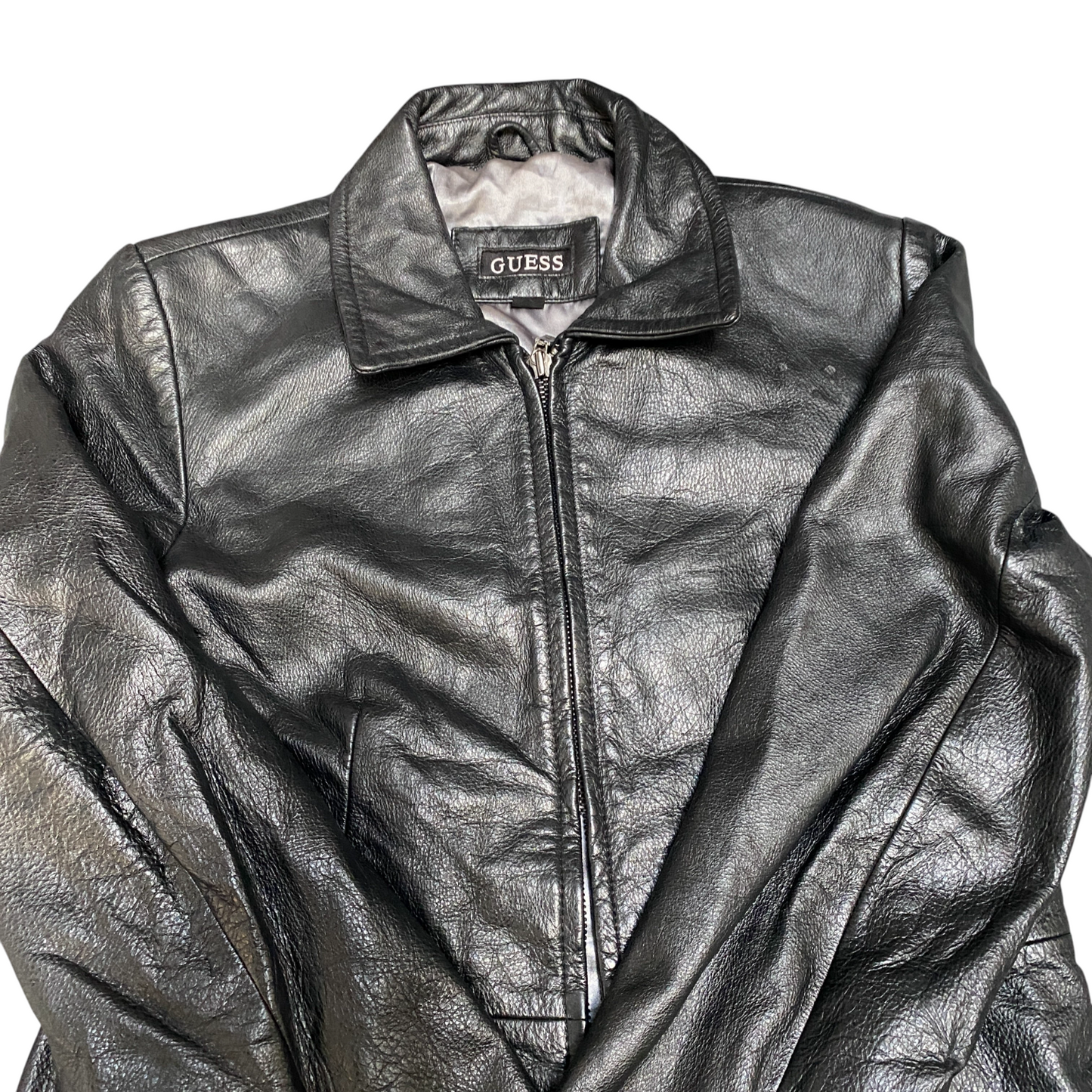 Guess Leather Biker Jacket Womens Medium Black Fully Lined Collared Full Zip