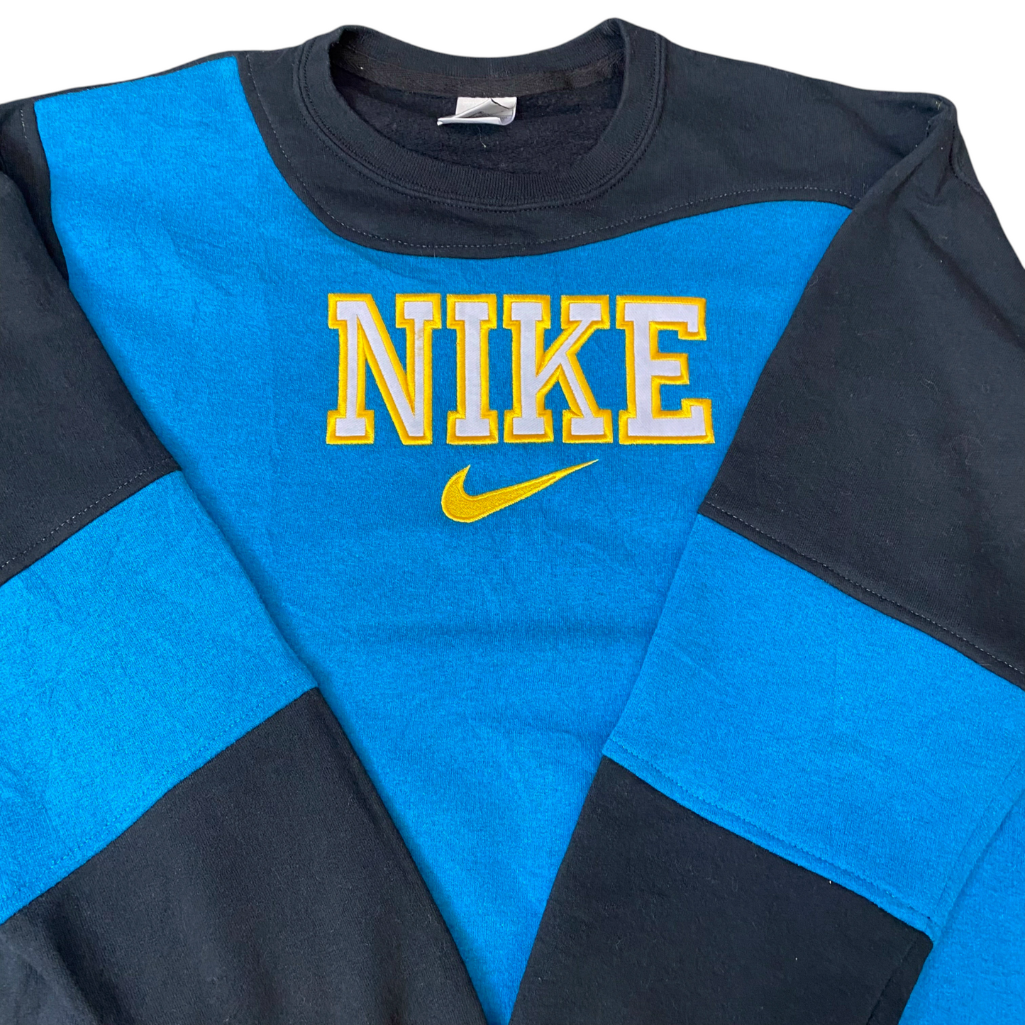 Nike Reworked Sweatshirt Mens M Blue Black Embroidered Spellout Logo Vintage Y2K