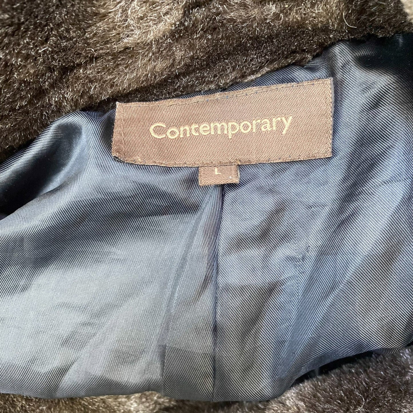 Contemporary  Faux Fur Trench Coat Womens Large Brown Lined Double Breasted