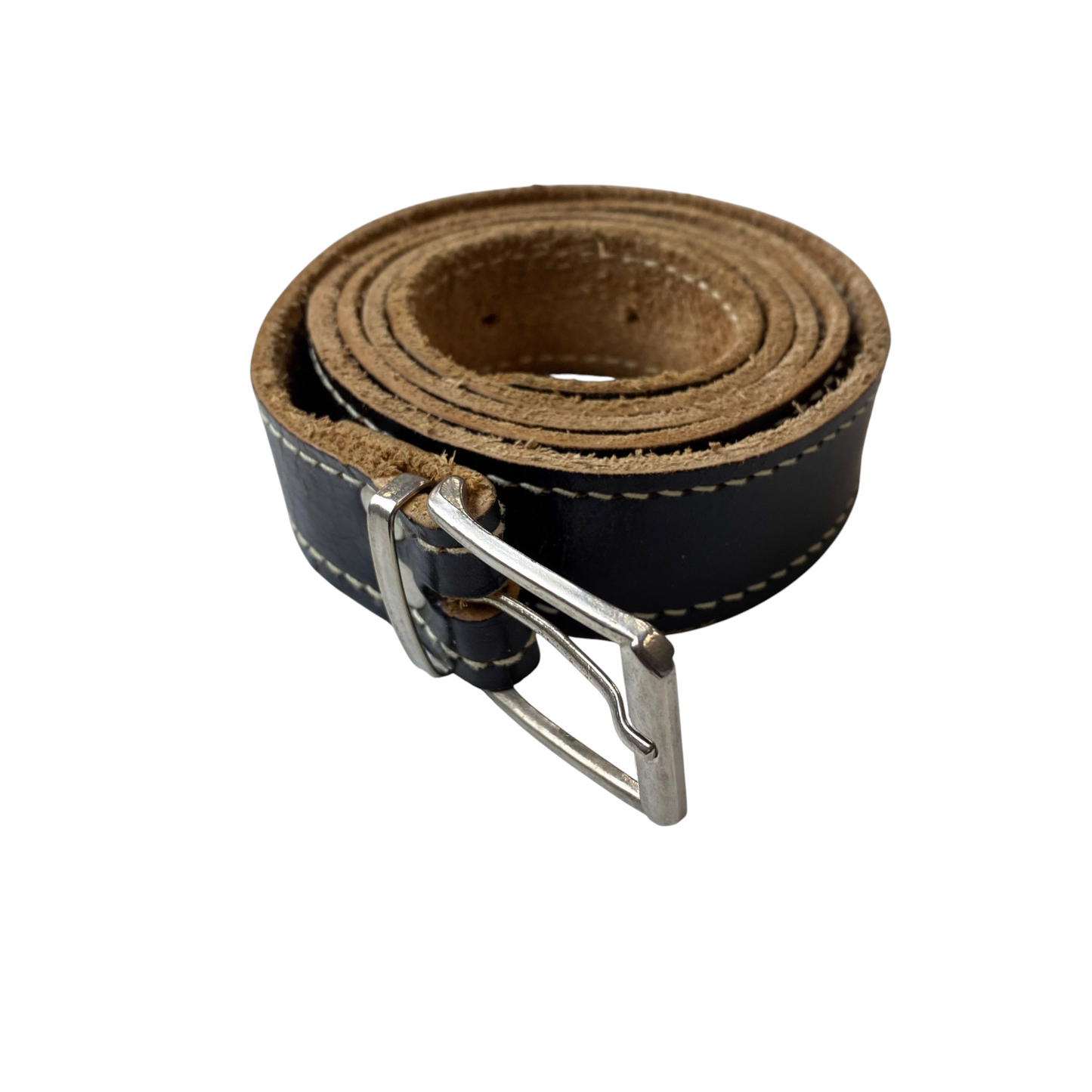 Mens Waist Belt Black Leather Beige Stitched Adjustable Pin Buckle Size 49 in