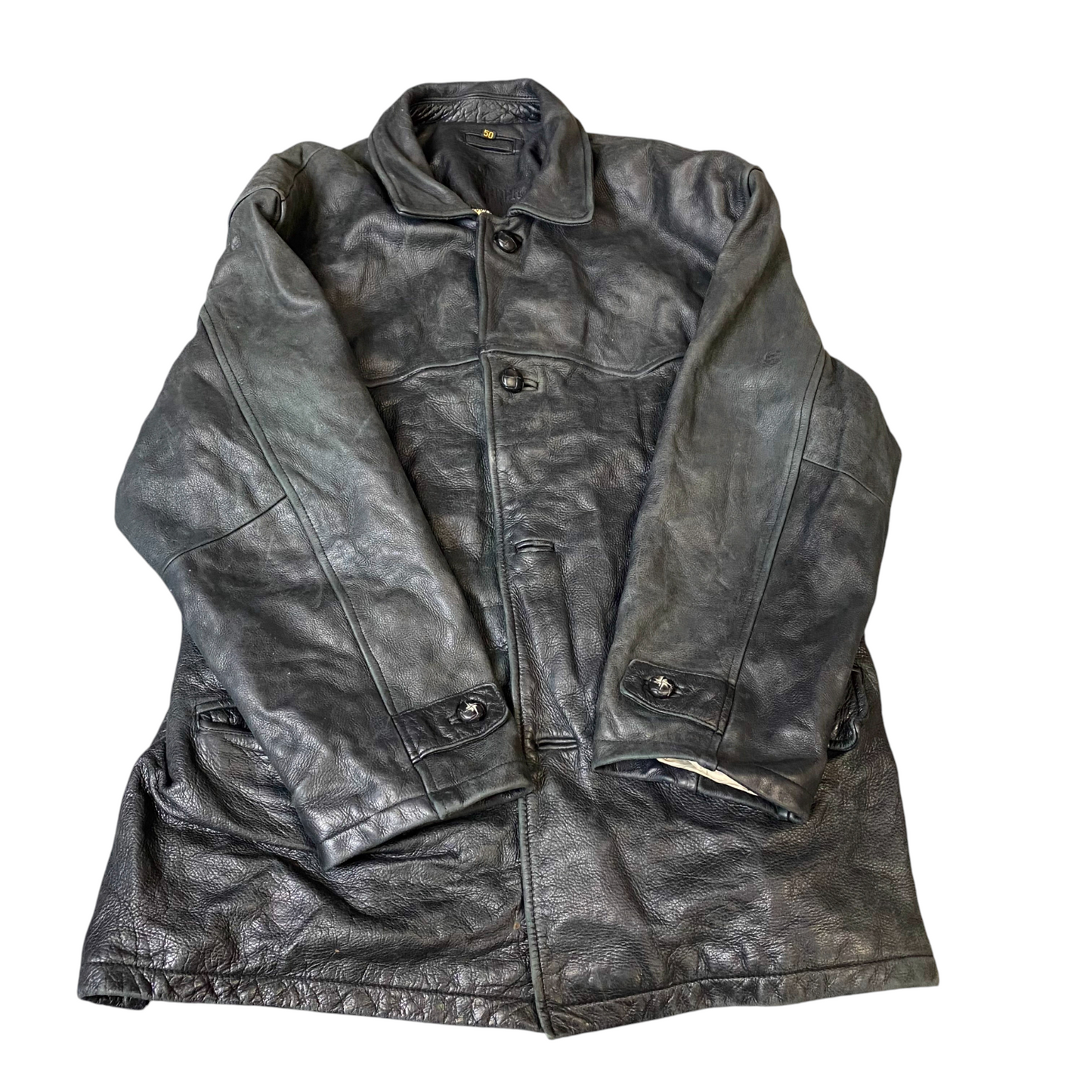 Mens Genuine Leather Jacket Mens Medium Black Lined Winter Collared Button Front