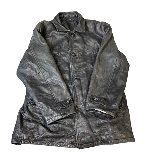 Mens Genuine Leather Jacket Mens Medium Black Lined Winter Collared Button Front