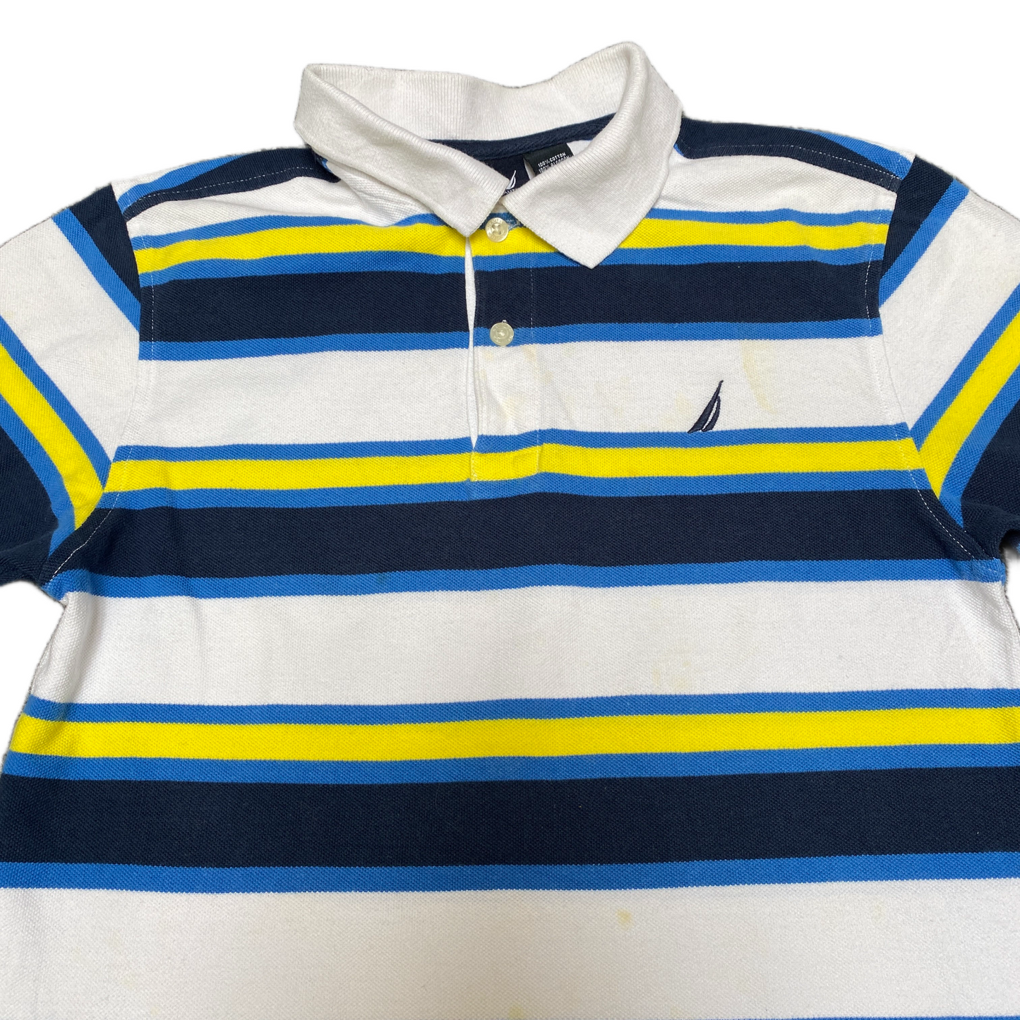 Nautica Polo Shirt Boys XS White Blue Striped Golf Performance Side Slit Collar