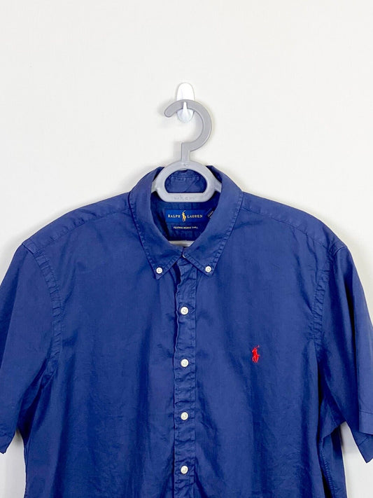 Ralph Lauren Shirt Mens Large Blue Feather Weight Twill Red Small Polo Pony Logo