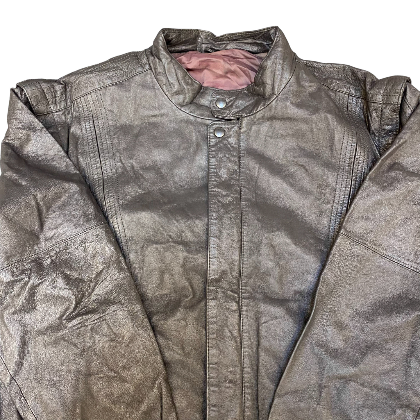Mens Leather Jacket Large Grey Lined Collared Snap Button Elasticated Hem