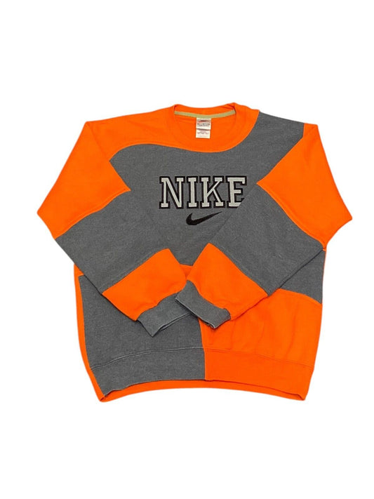 Nike Reworked Sweatshirt Mens Medium Orange Grey Spellout Logo Crew Neck Vtg Y2K