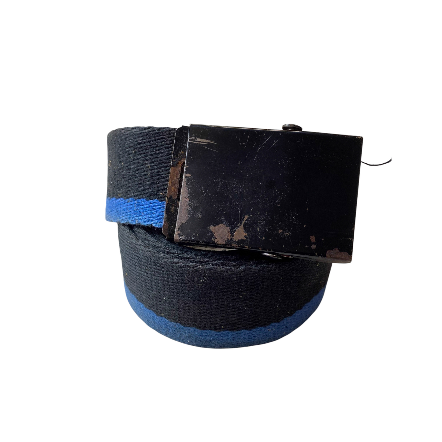 Mens Webbing Military Belt Black Blue Striped Canvas Flip Top Buckle Size 37 in