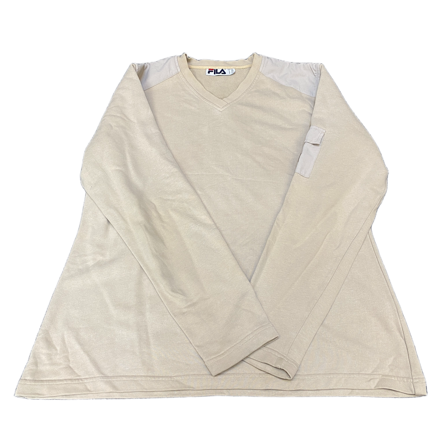 Vintage Fila Sweatshirt Mens Medium Beige Pocket Long Sleeve V-Neck Pullover
