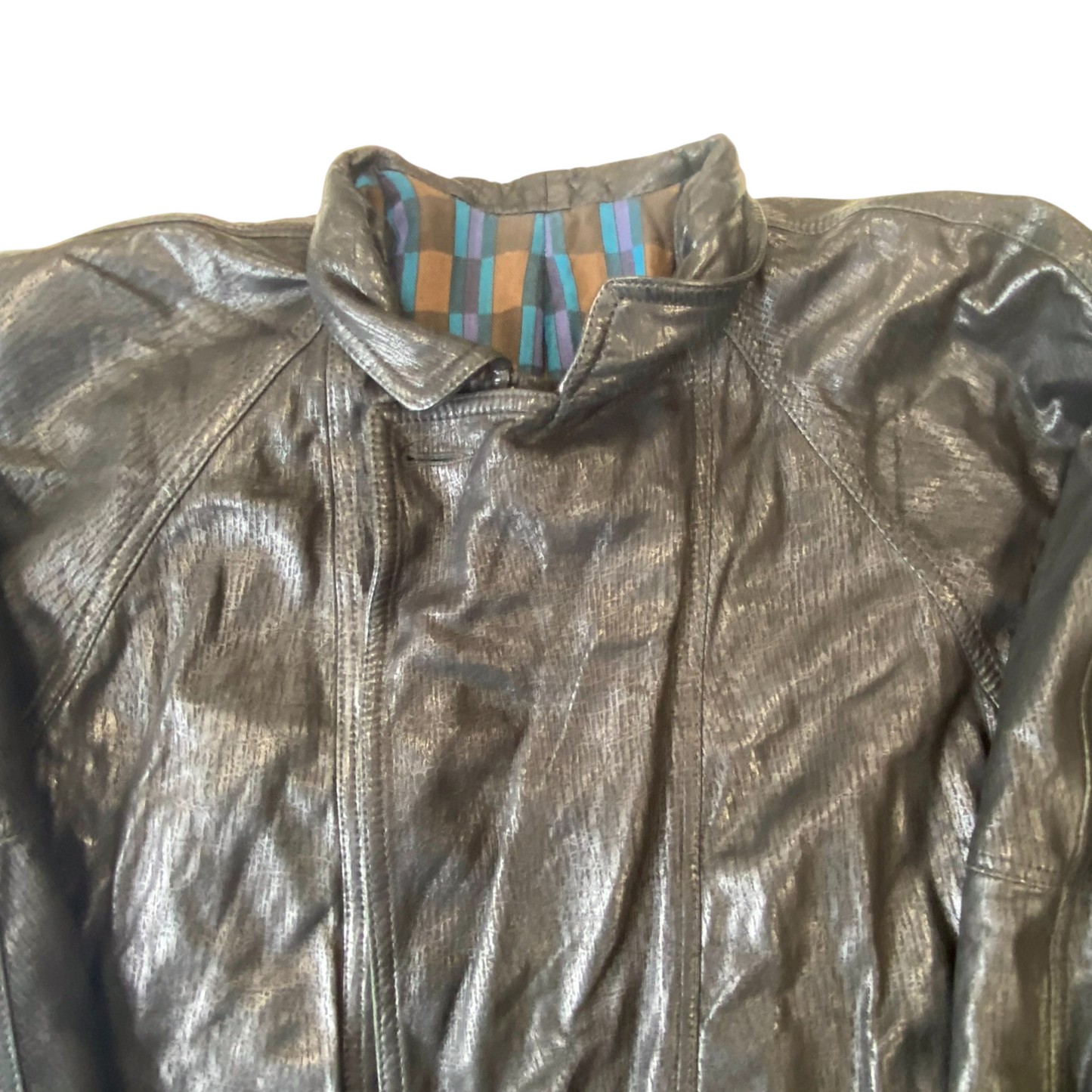 Mens Faux Leather Jacket M Brown Lined Oversized Button Front Elasticated Hem