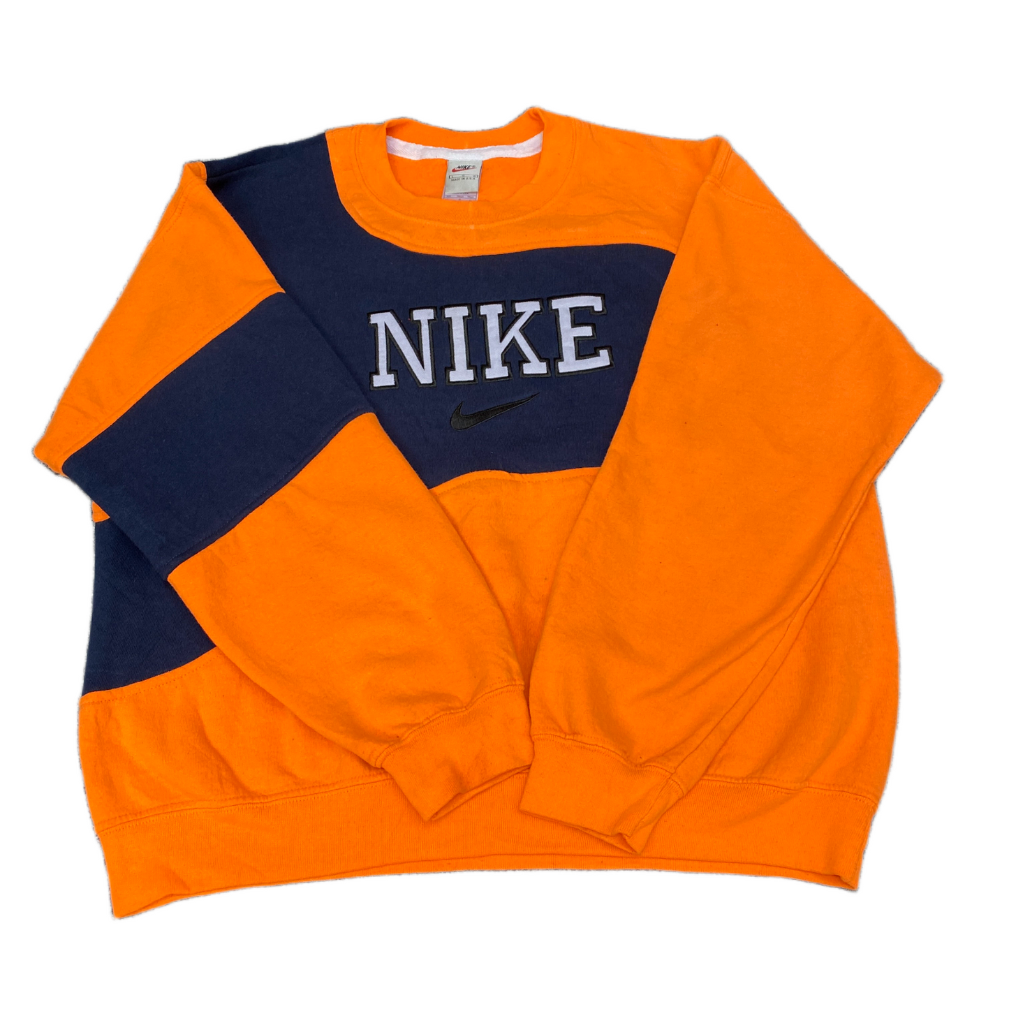 Nike Reworked Sweatshirt Men L Orange Blue Embroidered Spellout Logo Vintage Y2K
