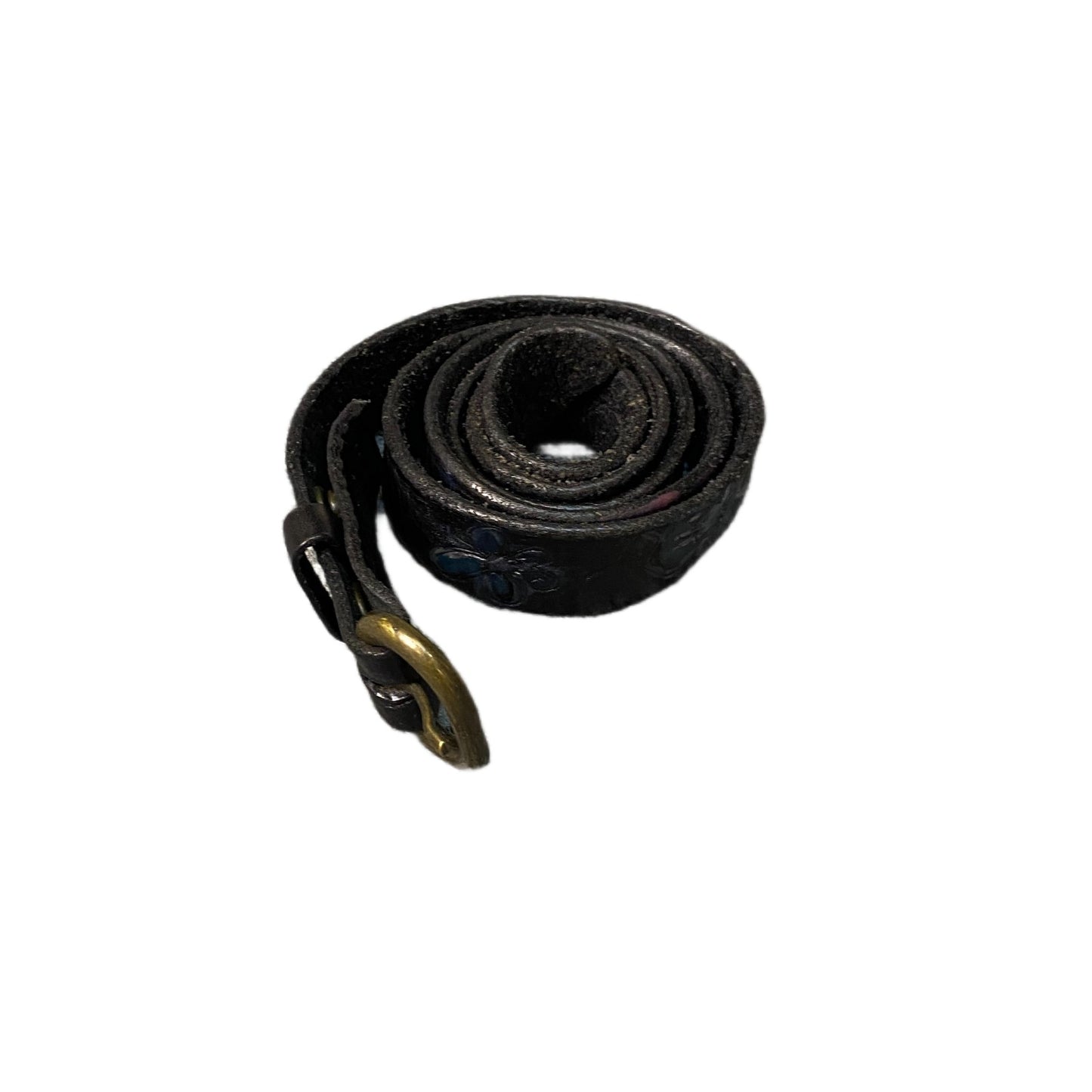 Reptile's House Waist Belt Womens Black Floral Leather Brass Buckle 39 Inches