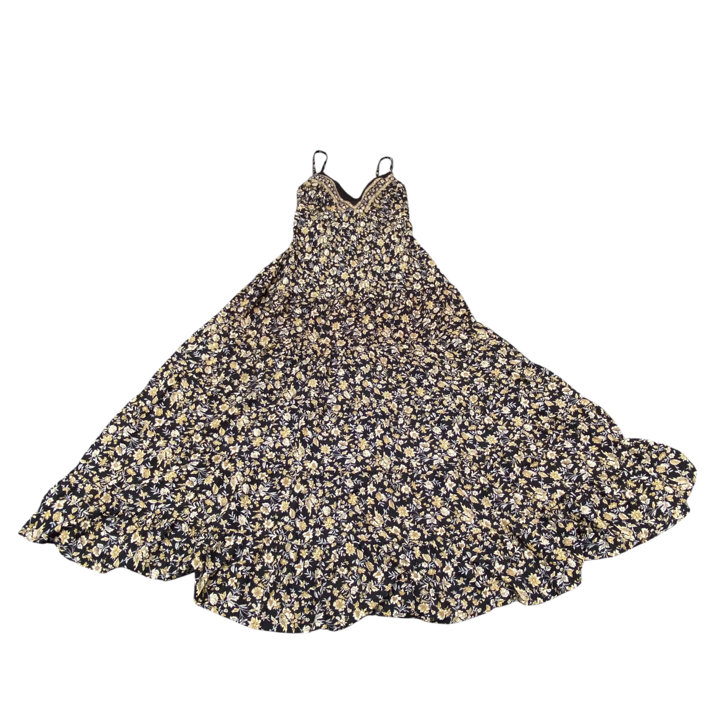 Keawa Maxi Dress Womens S Black Gold Floral V-Neck Spaghetti Straps Pullover