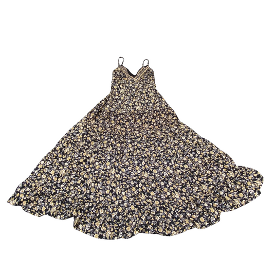 Keawa Maxi Dress Womens S Black Gold Floral V-Neck Spaghetti Straps Pullover