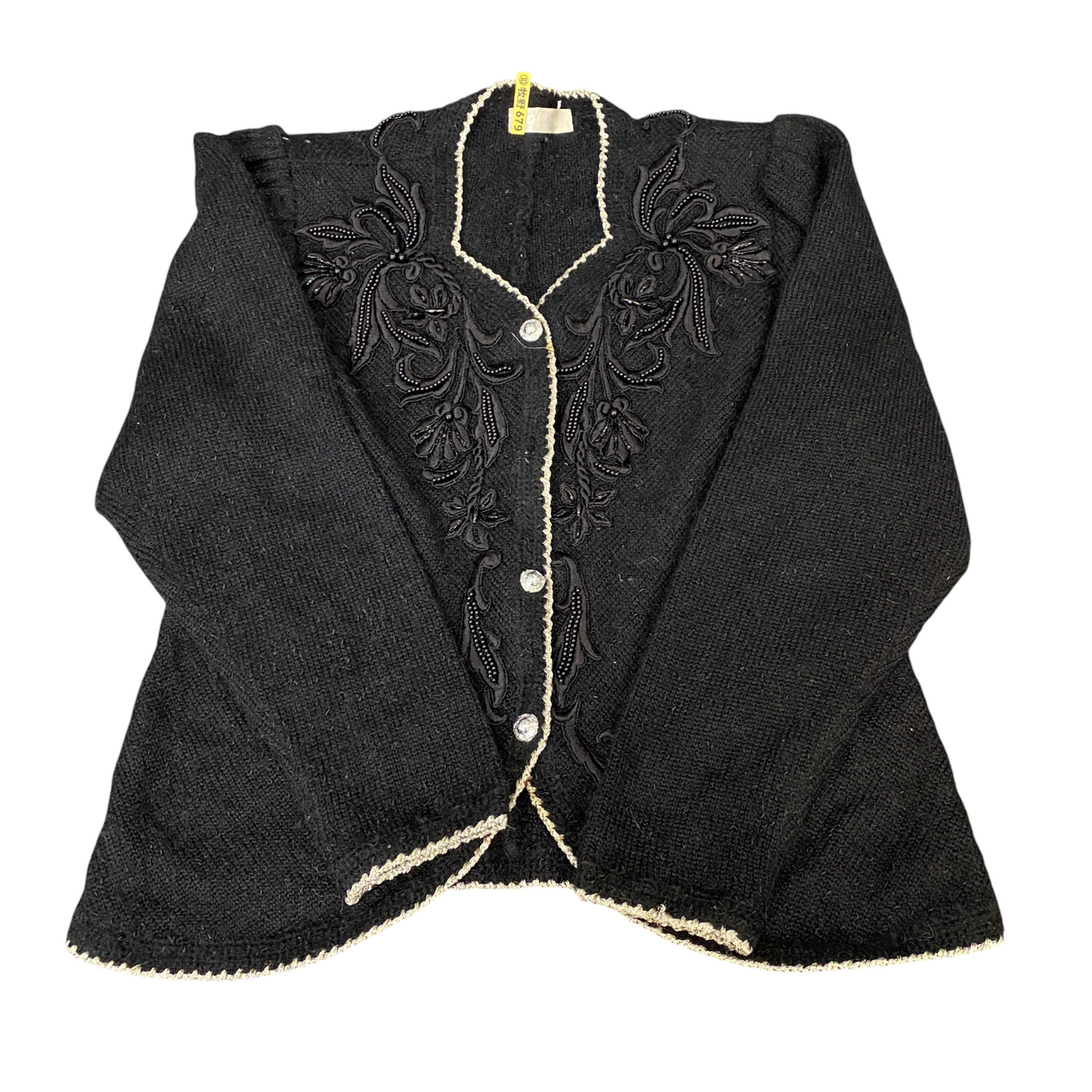 Ohhiro Cardihan Jumper Women Medium Black Beaded Floral Long Sleeve Button Front