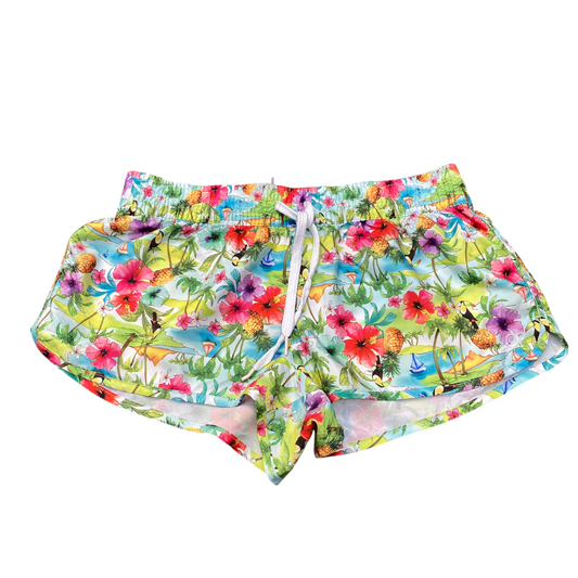 OP Running Sprinter Shorts Womens L White Green Floral Elastic Waist Drawstring