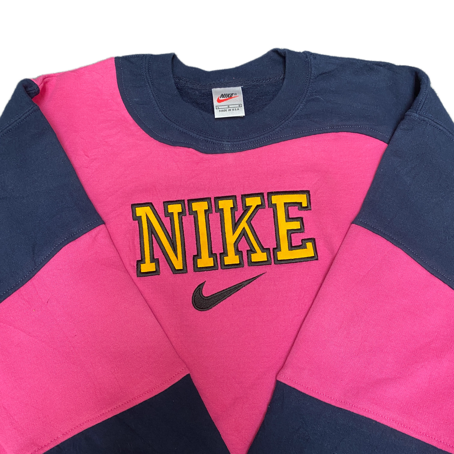 Nike Reworked Sweatshirt Mens L Navy Pink Embroidered Spellout Logo Vintage Y2K